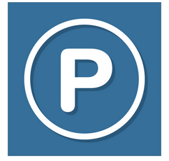 Se déplacer en voiture à Singapour. App de paiement de parking. Logo carré de fond bleu. La lettre P est blanche entourée d'un cercle blanc