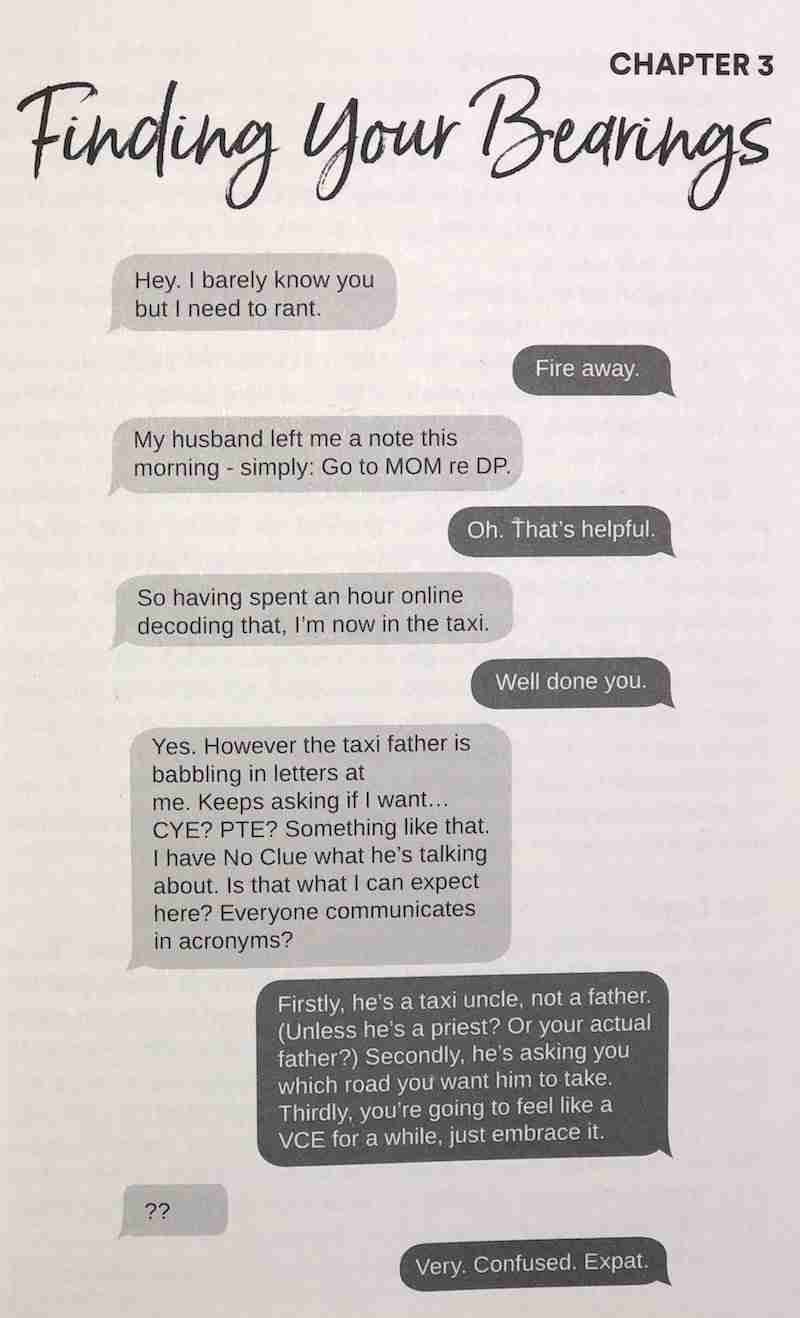 Extrait du livre The expats' Guide To Singapore (guide des expats à Singapour). Échange de texto en anglais au sujet des acronyms ou sigles à Singapour