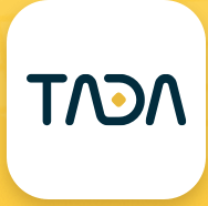 Se déplacer en VTC à Singapour. logo de l'App Tada. caracteres noirs sur dond blanc et point jaune.