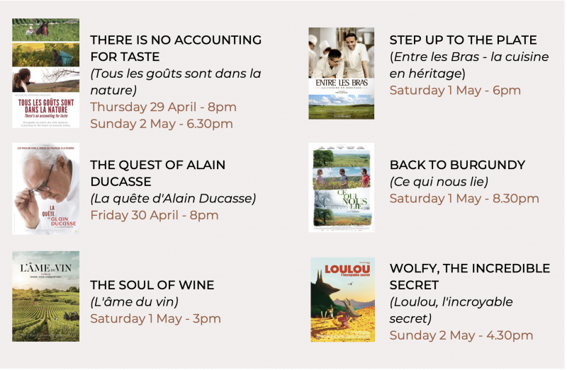 Programme Cinema Alliance Française de Singapour Avril Mai 2021- gastronomie française.