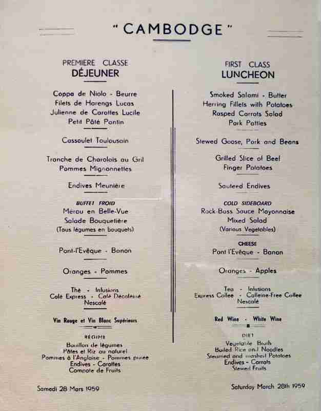Menu de la Compagnie des Messageries Maritime sur le paquebot "Le Cambodge" en 1959